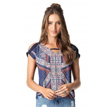 Blusa Manga Curta Chiffon Ombro Vazado Étnica Azul