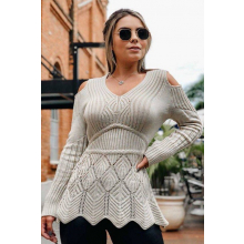 Blusa Tricot Ombro Vazado Manga Longa Areia