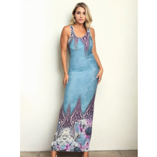 Vestido Longo Viscolycra Estampado Azul Crayon