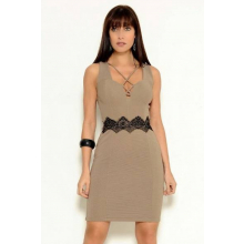 Vestido Curto Crepe Sem Mangas Acinturado Strappy Bege