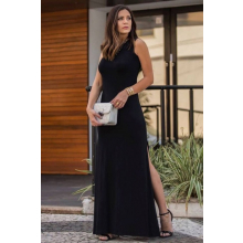 Vestido Longo Viscolycra Fenda Liso Preto