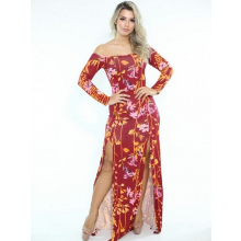 Vestido Longo Viscolycra Estampado Fendas London Vermelho