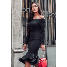 Vestido Midi Preto Ombro a Ombro Manga Longa Babado