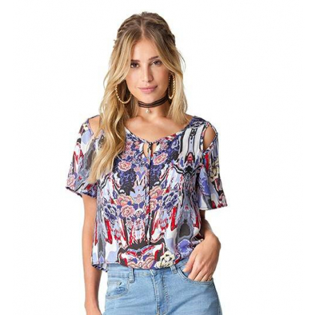 Blusa Viscose Estampa Azul Floral Ombro Vazado