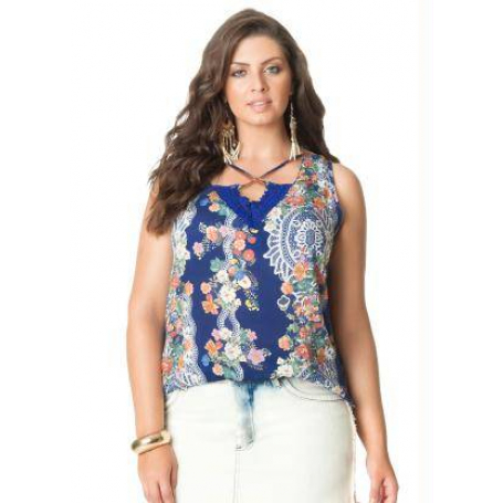 Blusa Plus Size Sem Manga Estampada Detalhe Renda