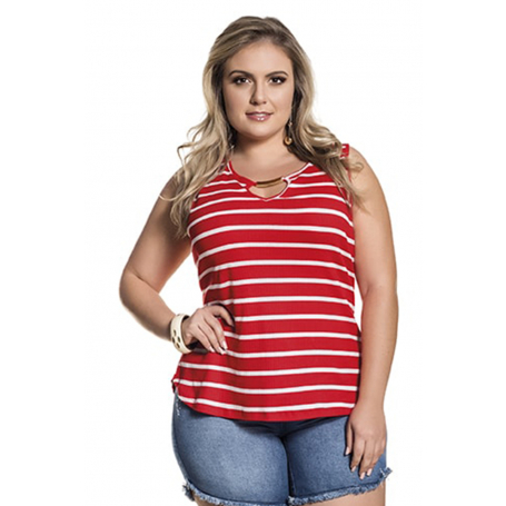 Blusa Plus Size Malha Canelada Listrada Sem Manga