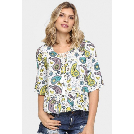 Blusa Manga Curta Crepe Gota Amarração Paisley Branca