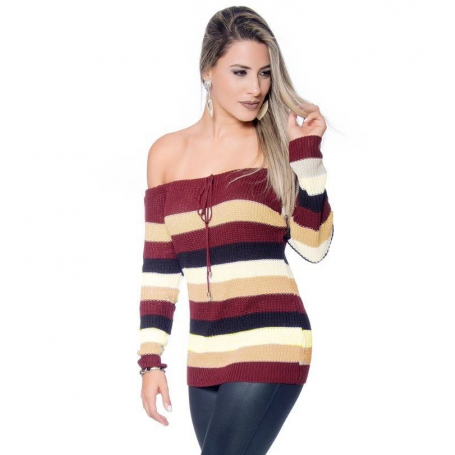 Blusa Tricot Manga Longa Ombro a Ombro Listrada