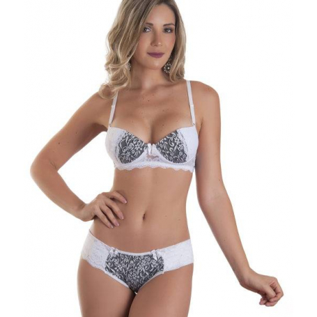 Conjunto Lingerie Renda Tanga Balconet Estampado Branco
