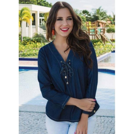 Blusa Manga Longa Chambray Cordões Decotada Azul