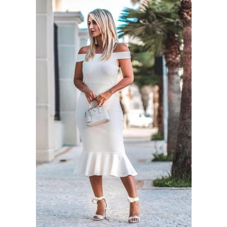 Vestido Midi Crepe Ombro a Ombro Babado Off White