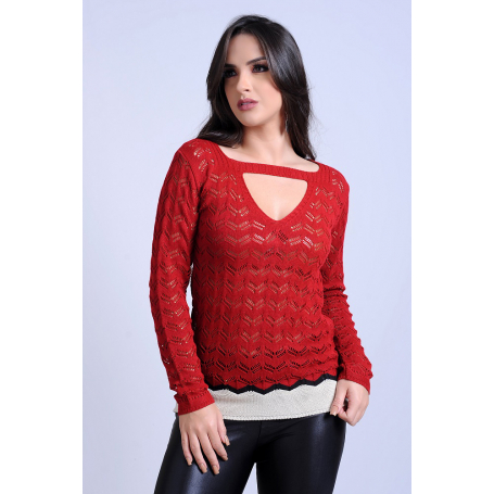 Blusa Tricot Vazado Vermelho Manga Longa