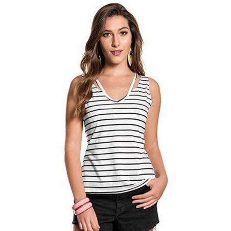 Blusa Sem Mangas Cotton Decotada Listrada Branca