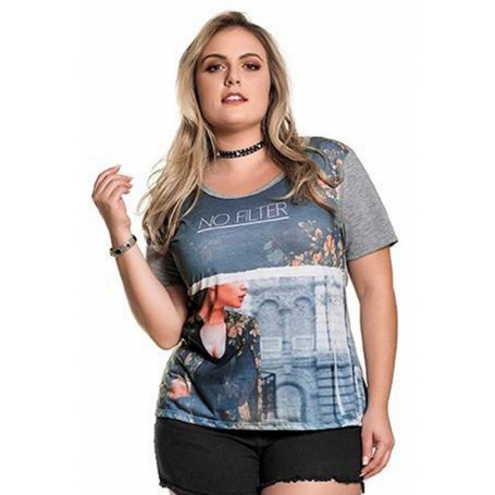 Blusa Plus Size Cinza Manga Curta Estampada