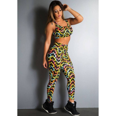 Conjunto Fitness Top Legging Supplex Coração Multicolor