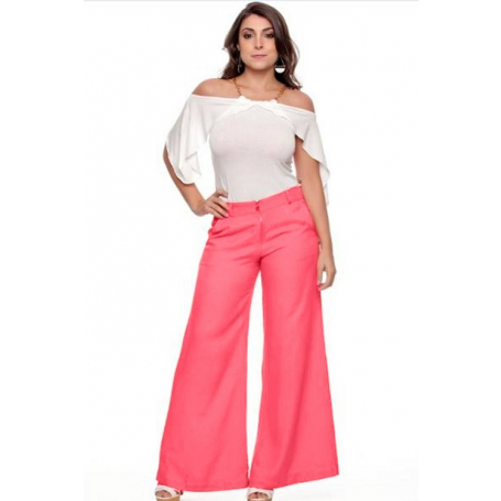 Calça Pantalona Rosa Zíper Frontal