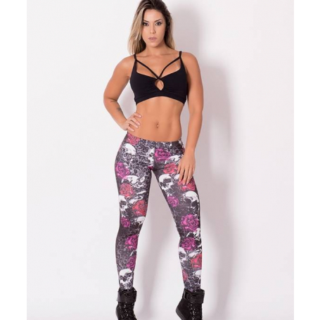 Legging Fitness Supplex Cós Baixo Skull Roses Multicolor