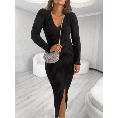 Vestido Midi Tricot Canelado Manga Longa
