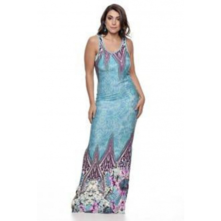Vestido Longo Viscolycra Estampado Azul Crayon