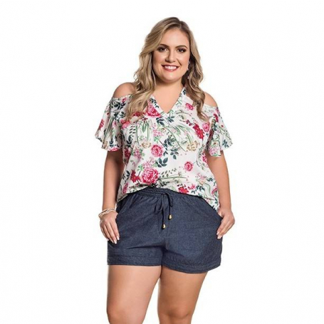 Short Curto Plus Size Chambray Cordões Azul