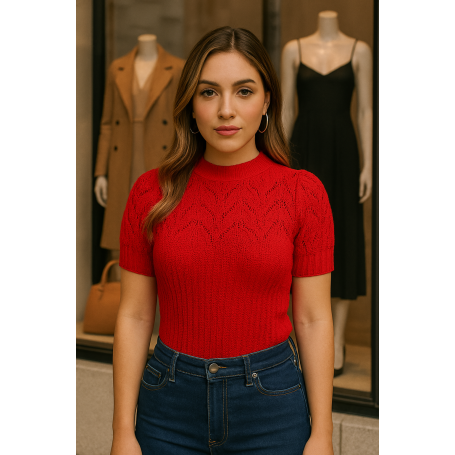Blusa Tricot Manga Curta Gola Alta