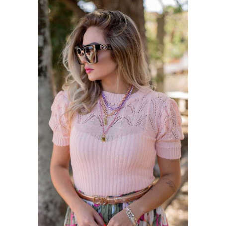 Blusa Tricot Manga Curta Gola Alta